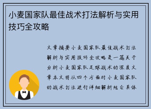 小麦国家队最佳战术打法解析与实用技巧全攻略